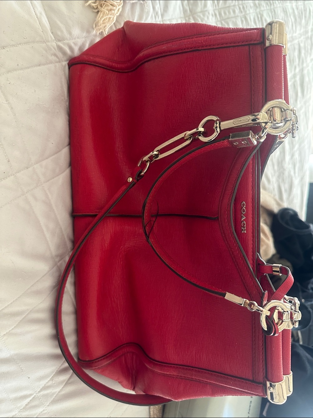 Coach Red Leather Shoulder Hobo with Silver Hardware